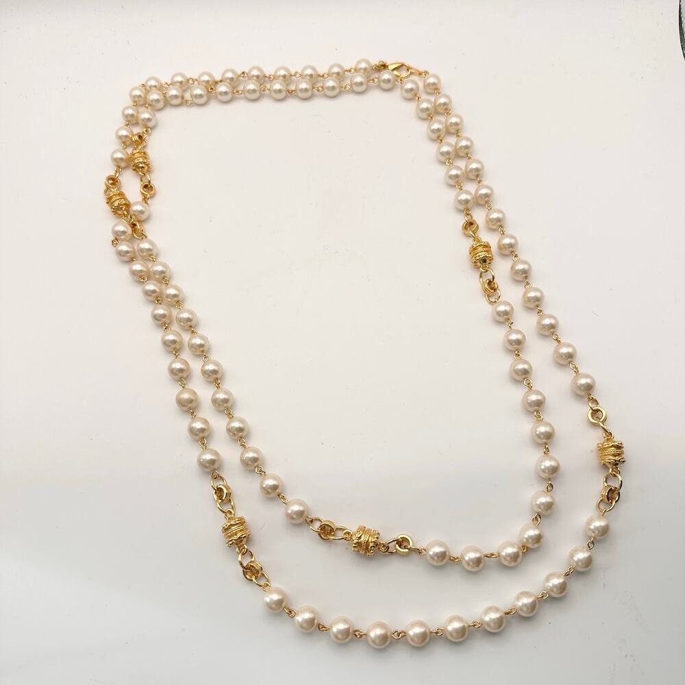 Joan Rivers Pearl Gold Barrel Chain Link Single Strand Layering Necklace 64"
